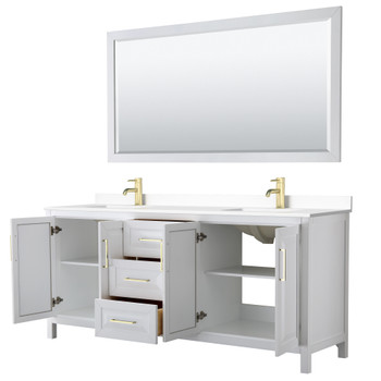 Daria 80 Inch Double Bathroom Vanity In White, White Cultured Marble Countertop, Undermount Square Sinks, 70 Inch Mirror, Brushed Gold Trim