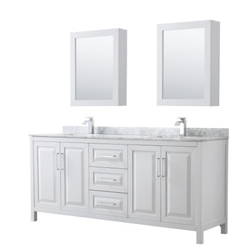 Daria 80 Inch Double Bathroom Vanity In White, White Carrara Marble Countertop, Undermount Square Sinks, And Medicine Cabinets