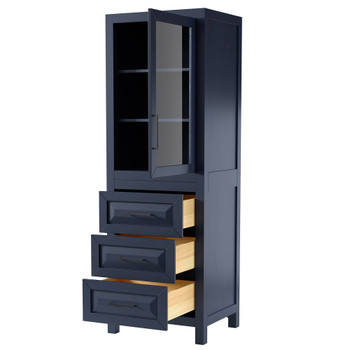Daria Linen Tower In Dark Blue With Matte Black Trim, Shelved Cabinet Storage, And 3 Drawers
