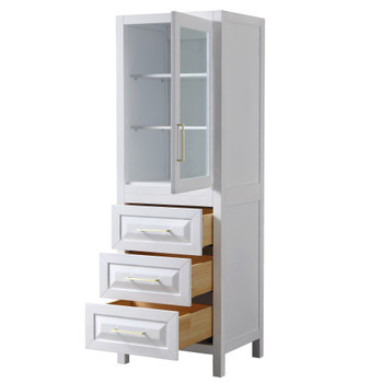 Daria Linen Tower In White With Brushed Gold Trim, Shelved Cabinet Storage, And 3 Drawers