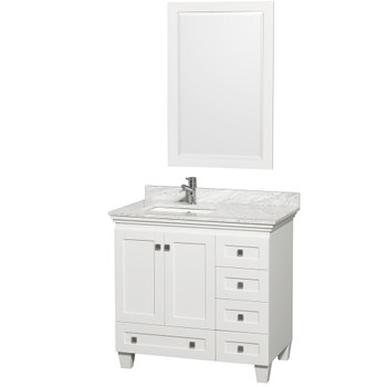 Acclaim 36 Inch Single Bathroom Vanity In White, White Carrara Marble Countertop, Undermount Square Sink, And 24 Inch Mirror