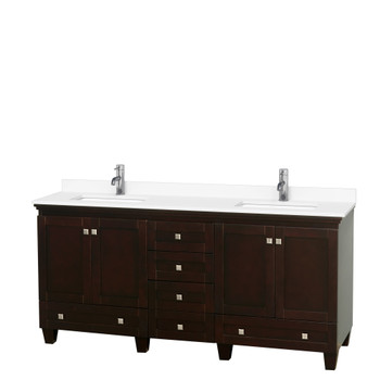 Acclaim 72 Inch Double Bathroom Vanity In Espresso, White Cultured Marble Countertop, Undermount Square Sinks, No Mirrors