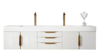 Mercer Island 72" Double Vanity, Glossy White, Radiant Gold W/ Glossy White Composite Top