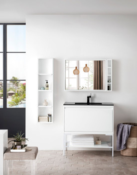 Milan 35.4" Single Vanity Cabinet, Glossy White, Glossy White W/charcoal Black Composite Top