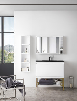 Milan 35.4" Single Vanity Cabinet, Glossy White, Radiant Gold W/charcoal Black Composite Top