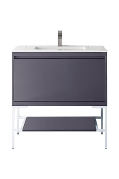 Milan 35.4" Single Vanity Cabinet, Modern Grey Glossy, Glossy White W/glossy White Composite Top