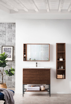 Milan 35.4" Single Vanity Cabinet, Mid Century Walnut, Matte Black W/glossy White Composite Top