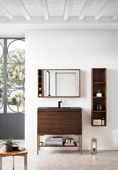 Milan 35.4" Single Vanity Cabinet, Mid Century Walnut, Radiant Gold W/charcoal Black Composite Top