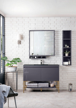 Milan 47.3" Single Vanity Cabinet, Modern Grey Glossy, Radiant Gold W/charcoal Black Composite Top