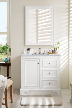 De Soto 36" Single Vanity, Bright White W/ 3 Cm Carrara Marble Top
