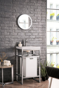 Boston 20" Stainless Steel Sink Console, Brushed Nickel W/ Glossy White Storage Cabinet, White Glossy Composite Countertop