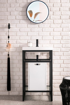 Boston 20" Stainless Steel Sink Console, Matte Black W/ Glossy White Storage Cabinet, White Glossy Composite Countertop