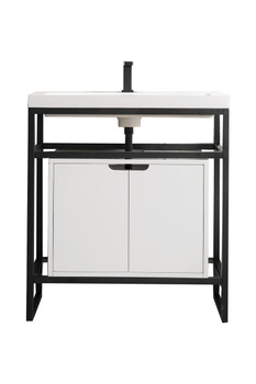 Boston 31.5" Stainless Steel Sink Console, Matte Black W/ Glossy White Storage Cabinet, White Glossy Composite Countertop