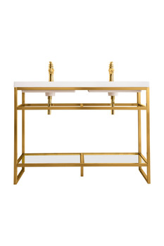 Boston 47" Stainless Steel Sink Console (double Basins), Radiant Gold W/ White Glossy Composite Countertop