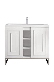 Alicante' 39.5" Single Vanity Cabinet, Glossy White, Brushed Nickel W/white Glossy Composite Countertop