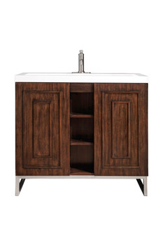 Alicante' 39.5" Single Vanity Cabinet, Mid Century Acacia, Brushed Nickel W/white Glossy Composite Countertop