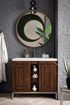 Alicante' 39.5" Single Vanity Cabinet, Mid Century Acacia, Brushed Nickel W/white Glossy Composite Countertop