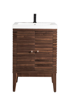 Linden 24" Single Vanity Cabinet, Mid Century Walnut W/ White Glossy Composite Countertop
