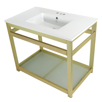 Fauceture VWP3722W4B7 Quadras 37-Inch Ceramic Console Sink (4-Inch, 3-Hole), White/Brushed Brass