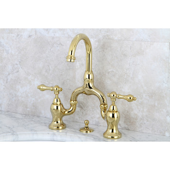 Kingston Brass KS7992AL English Country Bridge Bathroom Faucet with Brass Pop-Up, Polished Brass