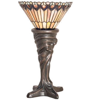 Meyda 15" High Tiffany Jeweled Peacock Mini Lamp