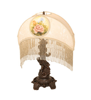 Meyda 23" High Reverse Painted Roses Fabric With Fringe Table Lamp