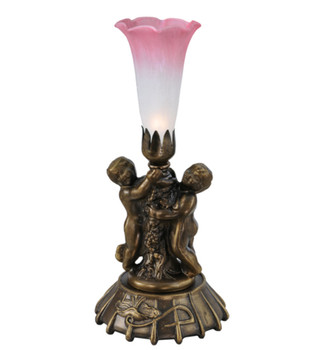 Meyda 12" High Pink/white Pond Lily Twin Cherub Mini Lamp