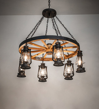 Meyda 40" Wide Miners Lantern Wagon Wheel 6 Light Chandelier - 254513