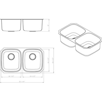 32-1/4" L X 18-1/2" W X 9" D Undermount 18 Gauge Stainless Steel 50/50 Double Bowl Sink