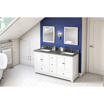 60" White Addington Vanity, Double Bowl, Boulder Cultured Marble Vanity Top, Two Undermount Rectangle Bowls