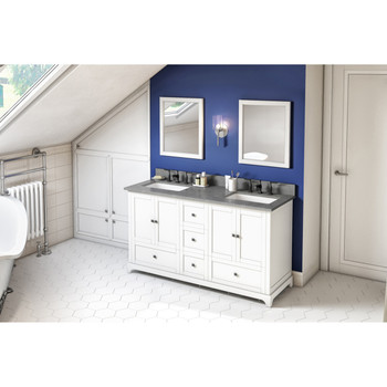 60" White Addington Vanity, Double Bowl, Steel Grey Cultured Marble Vanity Top, Two Undermount Rectangle Bowls