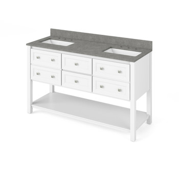 60" White Adler Vanity, Double Bowl, Steel Grey Cultured Marble Vanity Top, Two Undermount Rectangle Bowls