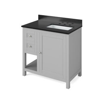 36" Grey Astoria Vanity, Right Offset, Black Granite Vanity Top, Undermount Rectangle Bowl