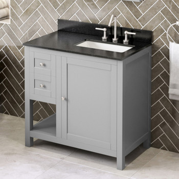 36" Grey Astoria Vanity, Right Offset, Black Granite Vanity Top, Undermount Rectangle Bowl