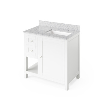 36" White Astoria Vanity, Right Offset, White Carrara Marble Vanity Top, Undermount Rectangle Bowl