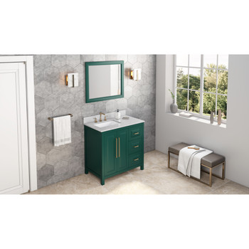 36" Forest Green Cade Vanity, Left Offset, White Carrara Marble Vanity Top, Undermount Rectangle Bowl