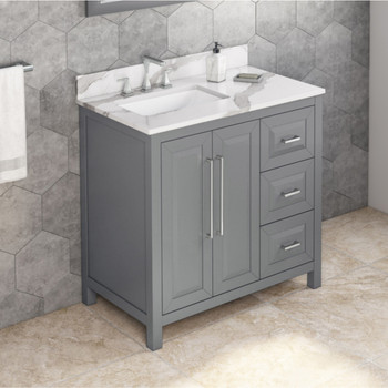 36" Grey Cade Vanity, Left Offset, Calacatta Vienna Quartz Vanity Top, Undermount Rectangle Bowl