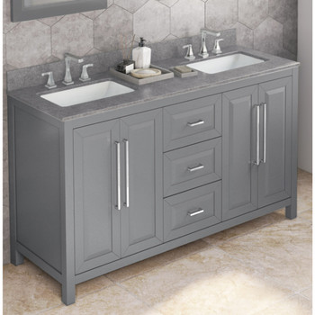 60" Grey Cade Vanity, Double Bowl, Steel Grey Cultured Marble Vanity Top, Undermount Rectangle Bowl