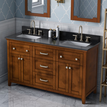 60" Chocolate Chatham Vanity, Double Bowl, Black Granite Vanity Top, Two Undermount Rectangle Bowls