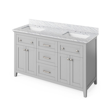 60" Grey Chatham Vanity, Double Bowl, White Carrara Marble Vanity Top, Two Undermount Rectangle Bowls