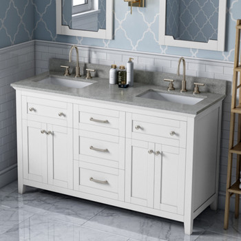 60" White Chatham Vanity, Double Bowl, Steel Grey Cultured Marble Vanity Top, Two Undermount Rectangle Bowls