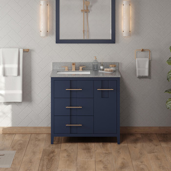 36" Hale Blue Katara Vanity, Left Offset, Steel Grey Cultured Marble Vanity Top, Undermount Rectangle Bowl