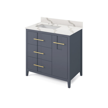 36" Blue Steel Katara Vanity, Left Offset, Calacatta Vienna Quartz Vanity Top, Undermount Rectangle Bowl