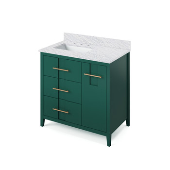 36" Forest Green Katara Vanity, Left Offset, White Carrara Marble Vanity Top, Undermount Rectangle Bowl