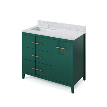 42" Forest Green Katara Vanity, Left Offset, White Carrara Marble Vanity Top, Undermount Rectangle Bowl