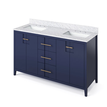 60" Hale Blue Katara Vanity, Double Bowl, White Carrara Marble Vanity Top, Two Undermount Rectangle Bowls