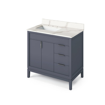 36" Blue Steel Theodora Vanity, Left Offset, Calacatta Vienna Quartz Vanity Top, Undermount Rectangle Bowl