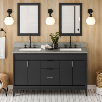 60" Black Theodora Vanity, Double Bowl, Steel Grey Cultured Marble Vanity Top, Two Undermount Rectangle Bowls