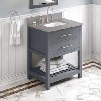 30" Grey Wavecrest Vanity, Steel Grey Cultured Marble Vanity Top, Undermount Rectangle Bowl