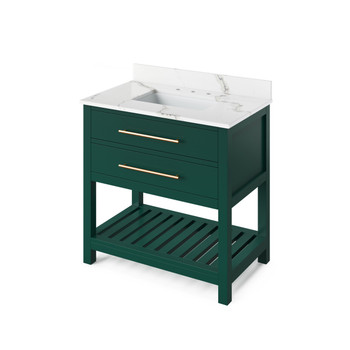 36" Forest Green Wavecrest Vanity, Calacatta Vienna Quartz Vanity Top, Undermount Rectangle Bowl